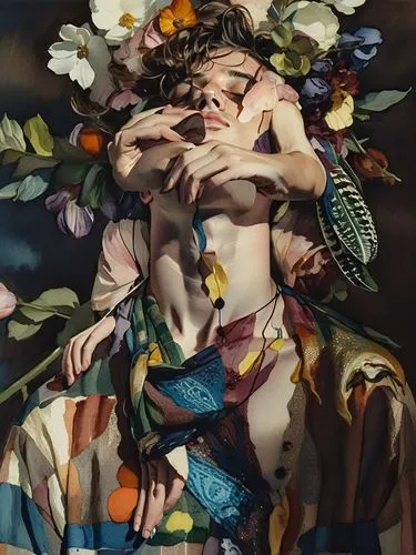 a painting of a young man is covered by flowers,girl in a wreath,girl with cloth,odalisque,baroque angel,girl in flowers,floral composition