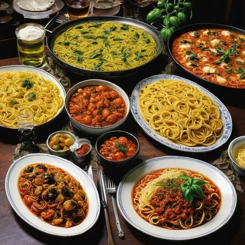 အီတလီအစားအစာစုံ,the meal consists of pasta, sauce, and noodles,hungarian food,italian food,feast noodles,desi food,mangia,turkish cuisine