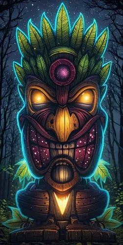 a poster showing an artistic illustration of a mask,neon pumpkin lantern,shaman,witchdoctor,game illustration,spelunker,lantern,neon body painting,illuminate,witch's hat icon,growth icon,tribal,vector