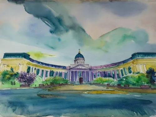 Сирень у Казанского собора, акварель,a painting of a large building with some columns,statehouses,watercolor background,water color,watercolor sketch,statehouse,watercolor