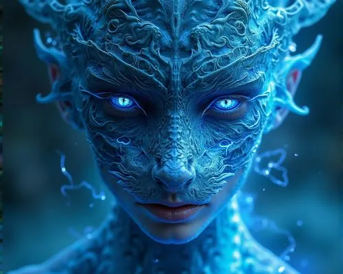 a blue haired woman with white painted hair and glowing eyes,blue enchantress,ice queen,the snow queen,ice princess,bluefire,fathom,Photography,Artistic Photography,Artistic Photography 02