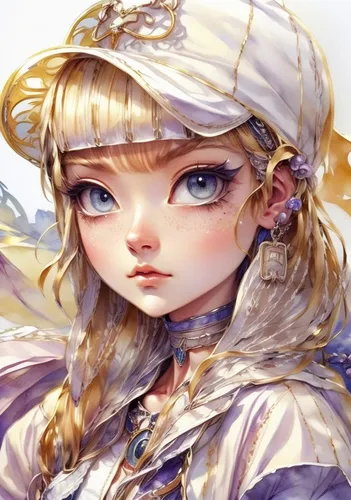 a woman is wearing a hat with gold trim,jessamine,painter doll,fairy tale character,illustrator,fantasy portrait,artist doll,artist color,angelica,suit of the snow maiden,eglantine,cosmetic brush,nobl