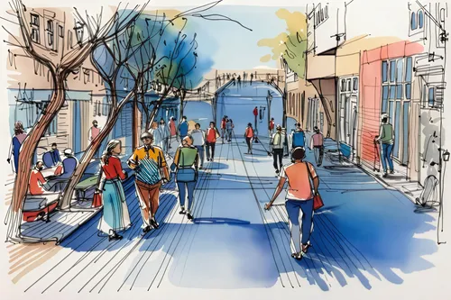 a sketched street scene with people walking and sitting along a curb,pedestrianized,pedestrian zone,people walking,blue pushcart,shopping street,cycleways,thoroughfares,street scene,blue painting,play