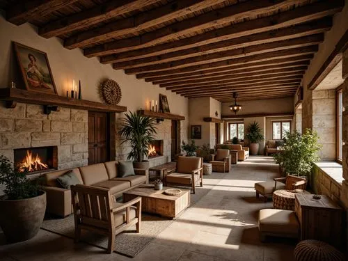 Rustic hotel lobby, wooden accents, stone walls, vintage furniture, distressed finishes, earthy tones, natural textiles, woven baskets, antique decorations, candle lighting, warm cozy atmosphere, fire