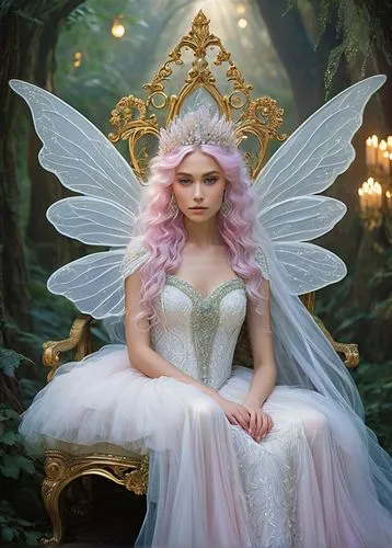 Fairy queen, delicate features, sparkly tiara, pastel pink hair, lacy wings, flowing white gown, intricate silver embroidery, glittering diamonds, majestic throne, ornate golden frame, lavish velvet d