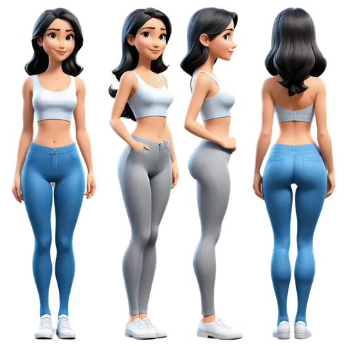 Create only high resolution images, pixar 3d, 4k, character sheet style, like a paper doll, A pose style. She must be wearing just thin gray pantyhoose.  Show front and back view, side to side. Her bo