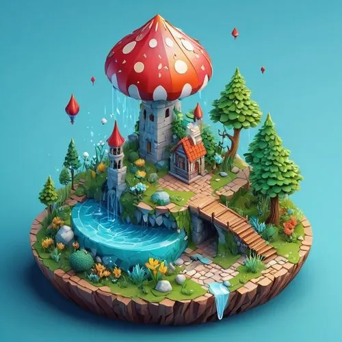 Fantasie figur mit einem pilz
,mushroom landscape,mushroom island,floating island,fairy house,fairy village,fairy chimney,wishing well,3d fantasy,fairy world,tiny world,floating islands,fairy tale cas