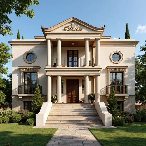 Grand villa, neoclassical architecture, symmetrical facade, balanced composition, central entrance, ornate doorways, ionic columns, carved stone details, curved staircases, sweeping balconies, French 