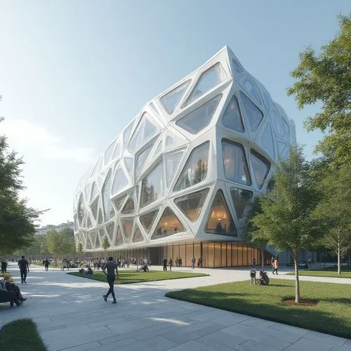  ,a group of people walking around outside of a building,safdie,cubic house,renderings,bjarke,3d rendering,gensler