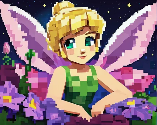 Paint a serene image of Tinkerbell resting on a moonlit flower petal.,flower fairy,pixel art,fairy galaxy,garden fairy,fae,fairy,child fairy,pixie,pixie-bob,little girl fairy,aurora butterfly,rosa ' t