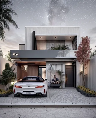 FACADE OF A MODERN HOUSE, MAKE A COMPOSITION OF DARK MODERN COLORS. TRY TO APPROACH THE IMAGE AS IF IT WERE REAL. remove the person in the image,modern house,modern architecture,garage door,smart hous