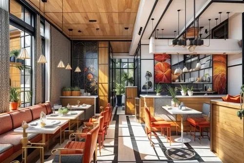 restaurant, warm bright colors, plates on the walls of different diameters, bright mosaics on the walls, parquet floors, American style, marble bar counter, sun outside the window, plants, warm light,