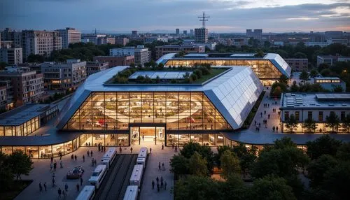 Modern train station, sleek metal facade, dynamic LED lighting, curved glass roofs, cantilevered structures, futuristic architecture, high-tech materials, sustainable energy harvesting, solar panels, 