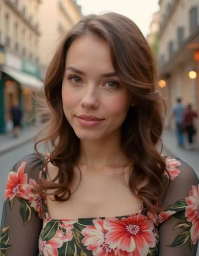 a photograph of a beautiful caucasian young woman aged 22, with long brown hair borwhn eyes red ;ips, wearing a long floral paterns dress whit a neckline . she stands confidently in front of a street