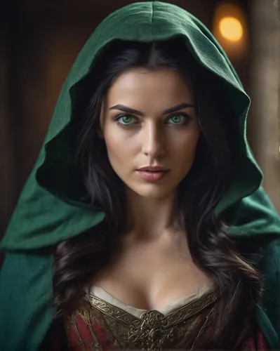 Make a beautiful female with a black long hair and green eyes, make her dressing a medieval dress and a cloak, make her look like Irina Shark,sorceress,the enchantress,celtic woman,fantasy portrait,ce
