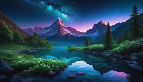 Imagine a massive mountain rising on the horizon, shrouded in a light mist that creates an air of mystery. The mountain displays gradient colors, ranging from lush green at the base to deep blue at th