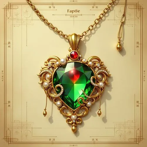 A gold and green gemstone necklace with eyes, digital painting in the style of Sailor Moon. The pendant is adorned with pearls and diamonds. It has an elegant design with swirling patterns that resemb