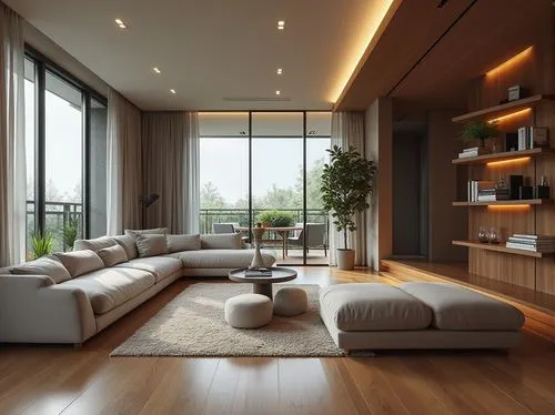 Modern interior design, open-plan living space, minimal ornamentation, functional furniture, sleek lines, monochromatic color scheme, polished wood flooring, floor-to-ceiling windows, natural light in