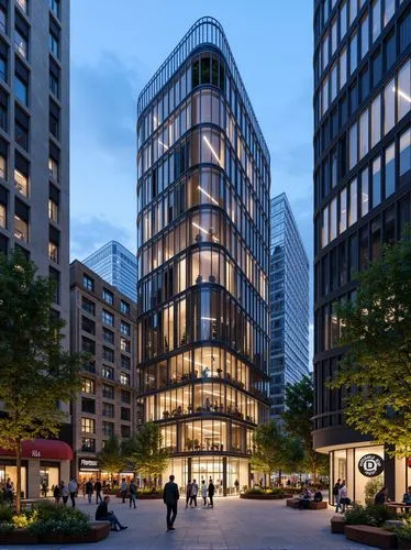 Photograph of a modern urban plaza at dusk featuring a multi-level building with extensive glass facades,integrated greenery,and outdoor seating areas. The plaza is bustling with activity,with pedestr