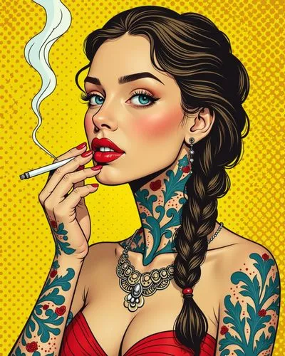 a comic style Slavic woman with traditional tattoos on her neck, arms and chest 

yellow and black dotted background
perfect face, full lips, long braided  hair.
bare shoulders, collarbone
drown hair,