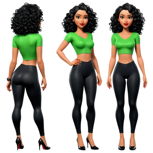 Create only high resolution images, pixar 3d, 4k, character sheet style, like a paper doll, A pose style. She must be wearing shiny black lycra leggings, a green cropped top t-shirt with a V-neck. On 