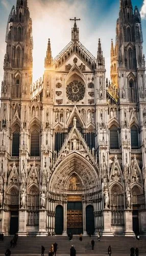 Milan Cathedral, Gothic architecture, grandeur, intricate carvings, stained glass windows, towering spires, ornate facade, white marble, statues of saints, golden accents, afternoon sunlight, dramatic