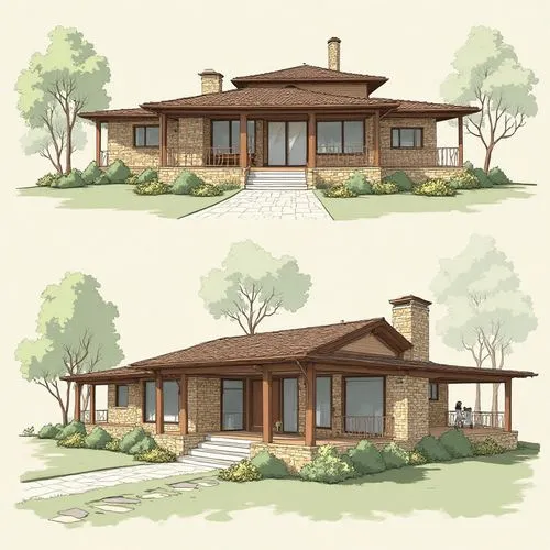 An architectural sheet showing different perspectives of a two-level cabin, the architecture of this house will be country-style, the materials for its walls and structure will be wood and its roofs w