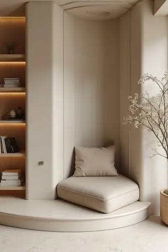 textured comfortable reading nook in home office, mini book shelf, minimalist style,the curved white bed is in a very cozy corner,bookcase,bookcases,bookshelves,bookshelf,shelving,anastassiades,chambr