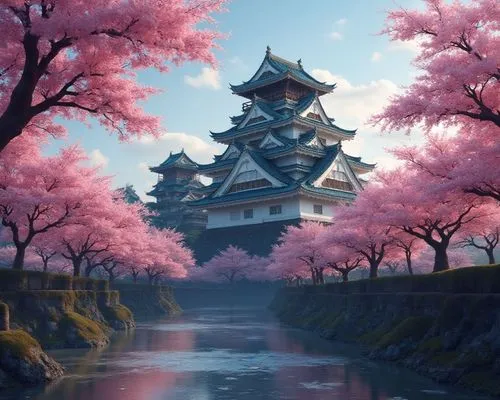 a picturesque scene with of a majestic castle ,there is a tall building with pink trees,beautiful japan,japan landscape,the cherry blossoms,cherry blossoms,cherry blossom tree,cherry blossom,cold cher