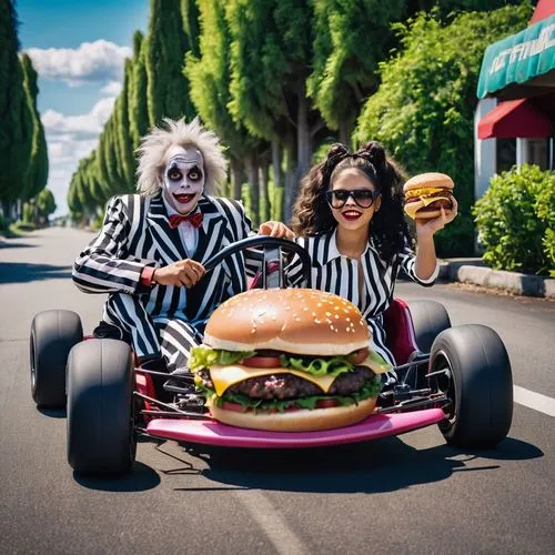 Realistic Beetlejuice  and Jenna Ortega go kart eating burger poster parody post production, Sony Alpha IV, Kodak Color 35mm, in the style of 32K raw, UHD.


,two women in halloween costumes ride on a
