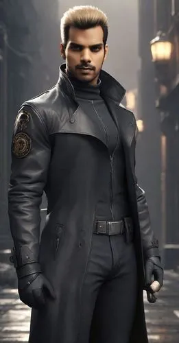 "Albert Wesker from Resident Evil, wearing his default black tactical outfit with a high-collar leather trench coat, textured for a slightly worn look. Rugged and muscular build, standing confidently 