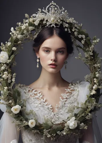 Damsel crowned in a delicate wreath, yearning for her lost kingdom.,bridal clothing,bridal accessory,bridal jewelry,white rose snow queen,bridal,wedding dresses,bridal dress,dead bride,rose wreath,dia