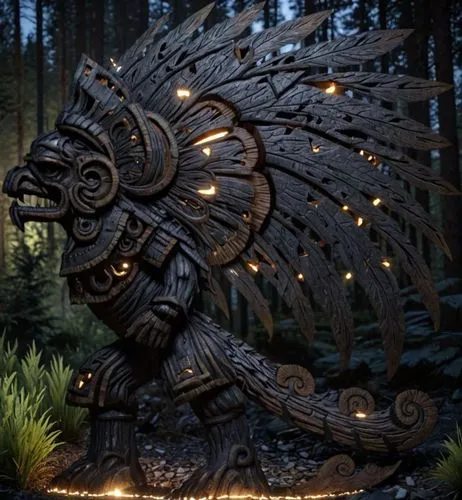 a decorative native american wooden carving featuring a bird,raven sculpture,garden sculpture,steel sculpture,allies sculpture,scrap sculpture,forest dragon,wood carving,stone angel,carved wood,griffi