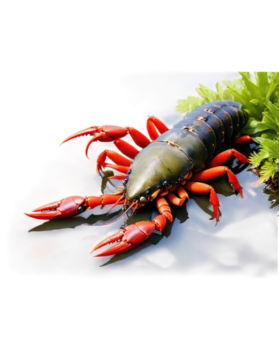 crawfish, freshwater crustacean, bright red eyes, greenish-brown shell, large claws, segmented body, aquatic plants around, shallow water, morning sunlight, soft focus, 3/4 composition, warm color ton