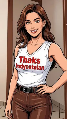 Manhwa Style :
Latin woman with Mexican features, brown hair, gold-brown eyes. She wears a white, sleeveless V-neck t-shirt with her name printed in red capital letters: "Thnaks Indycatalan" She also 