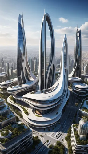 Design an zaha hadid 3D rendering of a futuristic cityscape.,futuristic architecture,futuristic landscape,futuristic art museum,tianjin,largest hotel in dubai,zhengzhou,sky space concept,tallest hotel