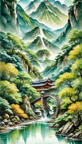 mountain landscape,mountain scene,chinese art,oriental painting,mountainous landscape,japan landscape,river landscape,landscape background,japanese mountains,japanese art,yunnan,watercolor background,