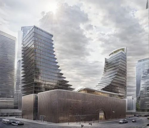 aerial view,distant shot,office building mid rise,commercial building complex,Curved style,Futuristic style,norman foster style,,modern facade,vertical frame,streets,light details,plaza,commercial atm