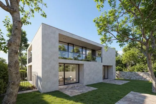 
A photo-realistic rendering of a modern, minimalist concrete house with large windows and sliding doors, set against a clear blue sky. the house is situated on a grassy area, with a stone wall on one