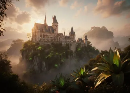 Cinematic picture of a near-fantastical castle integrated with nature, glowing soft warm light, surreal lush gardens with oversized plants and glowing flora, ethereal atmosphere.,a beautiful castle in