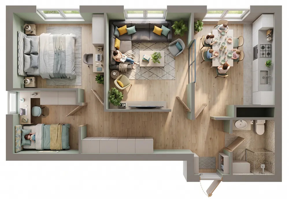 the room has two separate rooms, one with a bed, and one with another with a kitchen