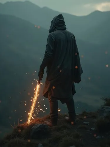 hooded man are in hill top and he showing hes power of lights, a surreal art,


,person with back toward camera holding fire and a large stick in hand,jedi,starkiller,darth maul,solo,skywalker,4k wall