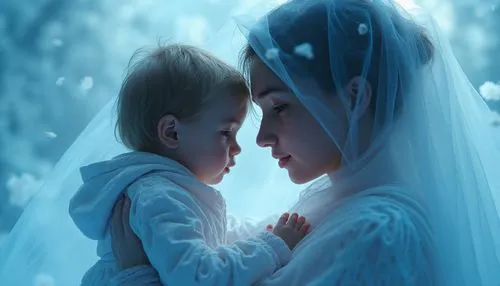 Uma mãe protegendo seu filho, com uma paleta de azul e branco que transmite serenidade, confiança e fé, com detalhes suaves que destacam a conexão profunda entre eles.",an adult and child are dressed 