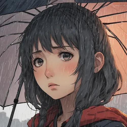 Portray a sad anime facial expression during a rainy day.,rainy,umbrella,in the rain,walking in the rain,rain,rainy day,worried girl,rainy season,weather-beaten,summer umbrella,umbrellas,rainy weather
