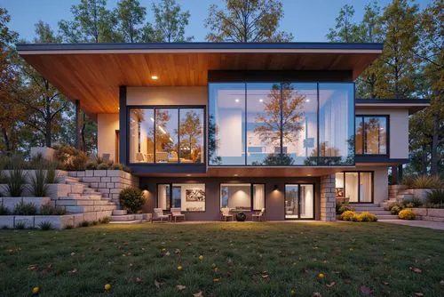 A spacious modern house with large floor-to-ceiling glass walls, a warm wooden roof, and a landscaped garden, surrounded by vibrant autumn foliage and stone retaining walls, warm interior lighting glo