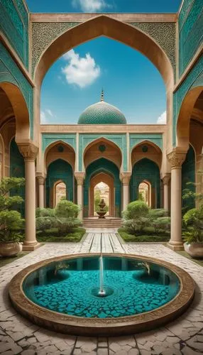 Modern baad architecture, grand entrance, symmetrical composition, intricate stone carvings, majestic arches, ornate columns, vibrant turquoise domes, Islamic geometric patterns, golden accents, luxur