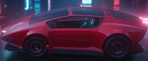 male driver inside a futuristic Red Tron movie design car reflective surface smooth clean modern hovering vehicle in a modern futuristic city at night with some people walking on a sunny day ,red car 