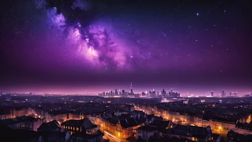 A black and purple starry sky over the city, a fantastic sky,the night sky,starscape,galaxy collision,space art,purple,night image,night sky,nightscape,galaxy,city at night,astronomy,nightsky,the milk