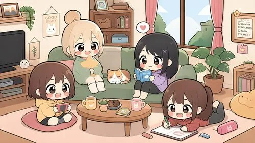 people and cats are in the living room,cat's cafe,playing room,family gathering,teatime,sleepover,rice cooker,family picnic,gathered,family group,family dinner,card game,families,subfamilies,family ou