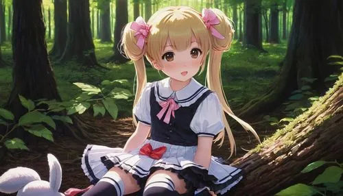 Sakimichan, Loli, blonde twin tails, pink ribbon, cute facial expression, bright brown eyes, rosy cheeks, white shirt, pleated skirt, knee-high socks, black Mary Jane shoes, holding a stuffed animal, 